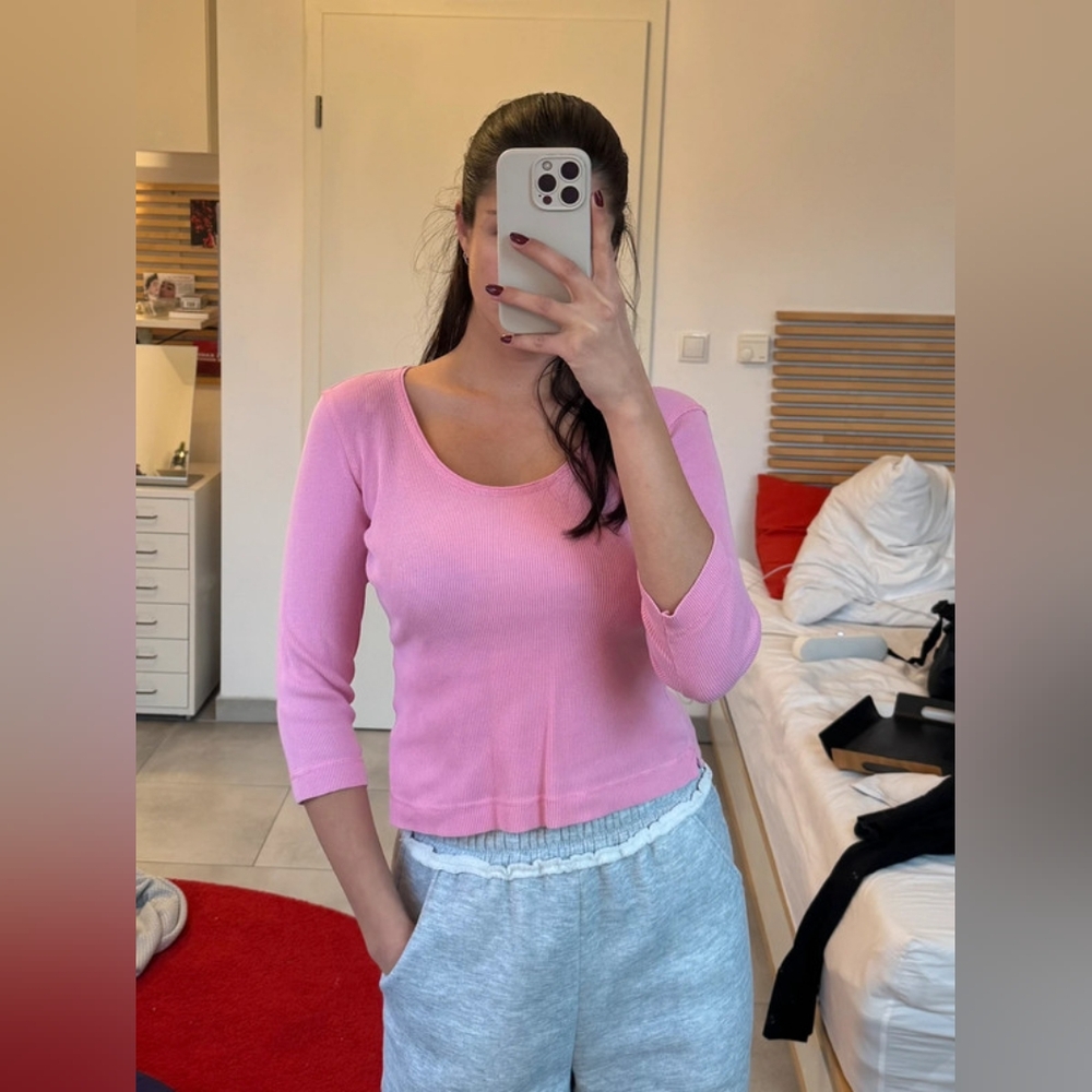 Women's Pink Long Sleeve Rib Knit Top